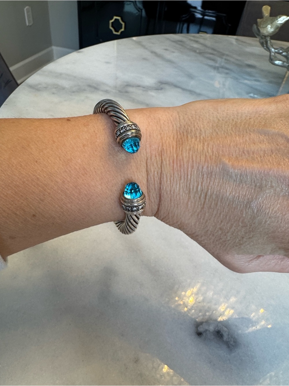 David Yurman 7mm Cable Bracelet Sterling Silver with Blue Topaz and Diamonds